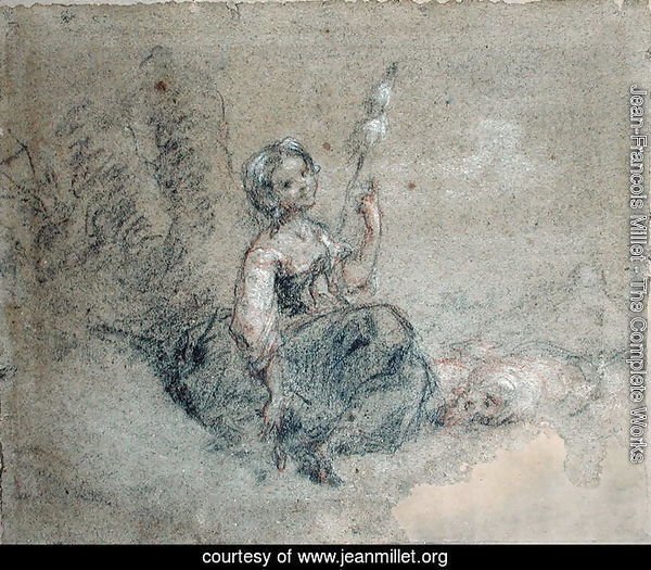 A Young Shepherdess Spinning