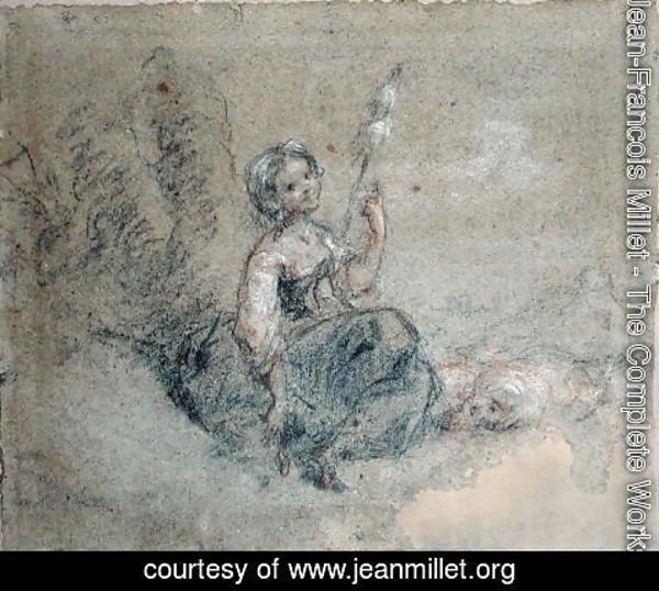 Jean-Francois Millet - A Young Shepherdess Spinning