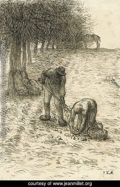 Peasants digging for potatoes, a donkey seen beyond