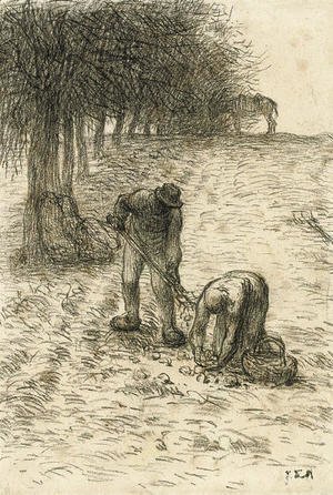 Peasants digging for potatoes, a donkey seen beyond