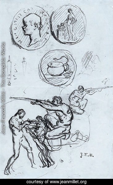 Three studies for antique coins, hunters and a man with a lion