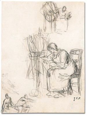 Jean-Francois Millet - A woman spinning and other figures