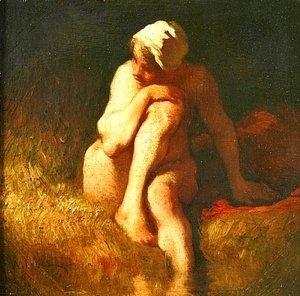 Naked peasant girl at the river