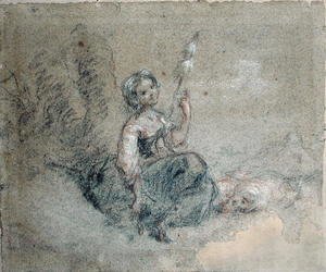 A Young Shepherdess Spinning