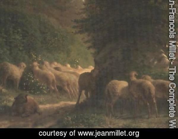 Jean-Francois Millet - Sheep grazing along a hedgerow