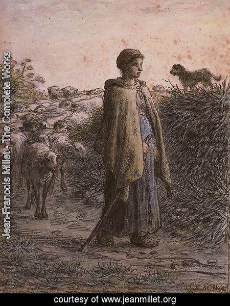 A sherpherdess with her flock, a dog on a bank to the right