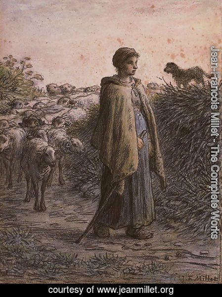 Jean-Francois Millet - A sherpherdess with her flock, a dog on a bank to the right
