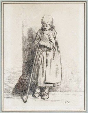 Jean-Francois Millet - Filette adossee contre un mur et tenant un baton