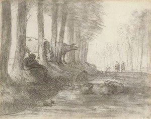 Jean-Francois Millet - Jeune bergere avec son troupeau au bord d'une route