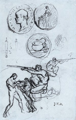 Three studies for antique coins, hunters and a man with a lion