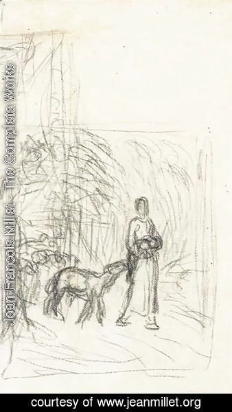 A shepherdess carrying a baby, with a sheep