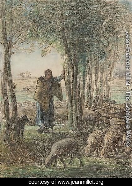 Jean-Francois Millet - A Shepherdess and Her Flock in the Shade of Trees